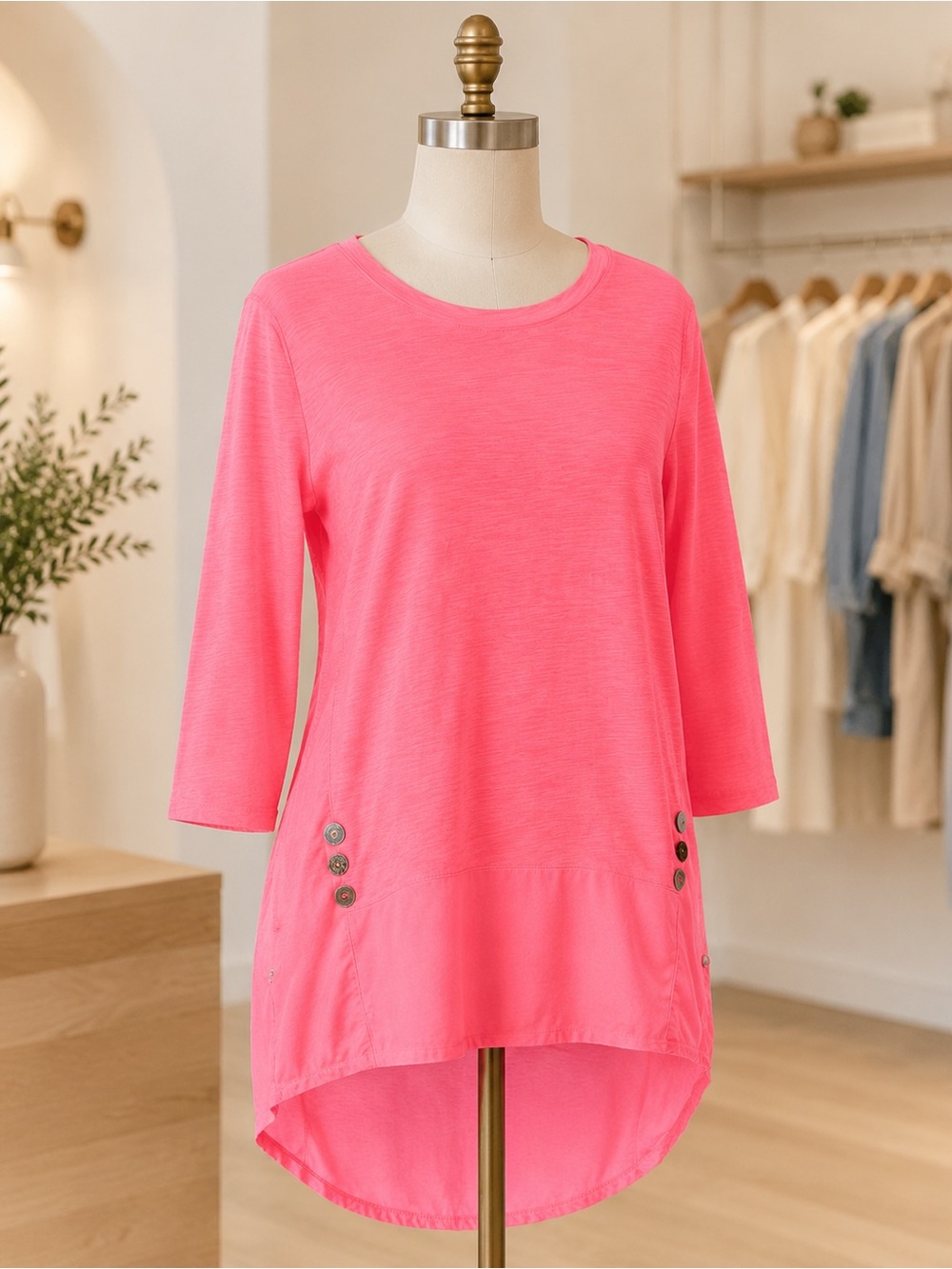 neon buddha Bright Pink High-Low Button Accent Tunic M